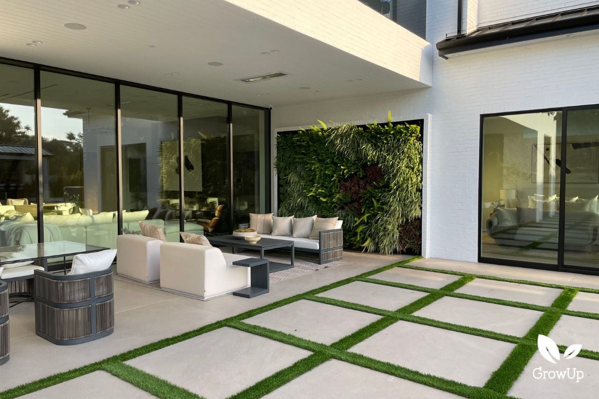 Outdoor living space with lush living greenwall.