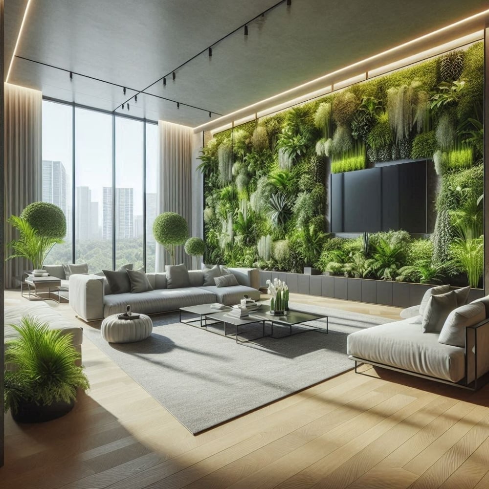 Bing AI generated image of a luxury home with a large moss wall