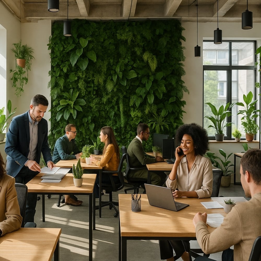 AI Image generated by ChatGPT of an office space with a living greenwall and people working