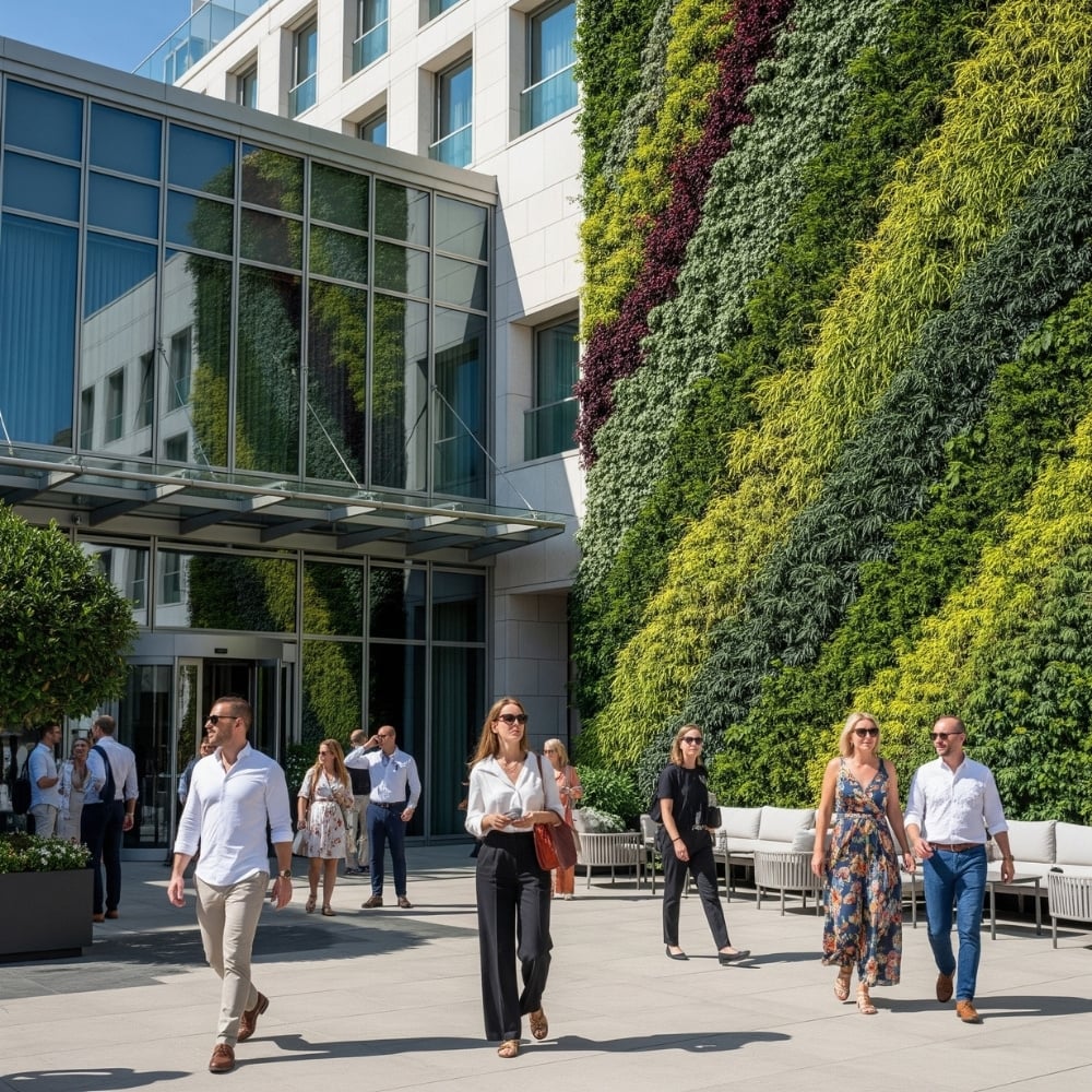 AI generated image of a hotel with people walking around and a large plant wall