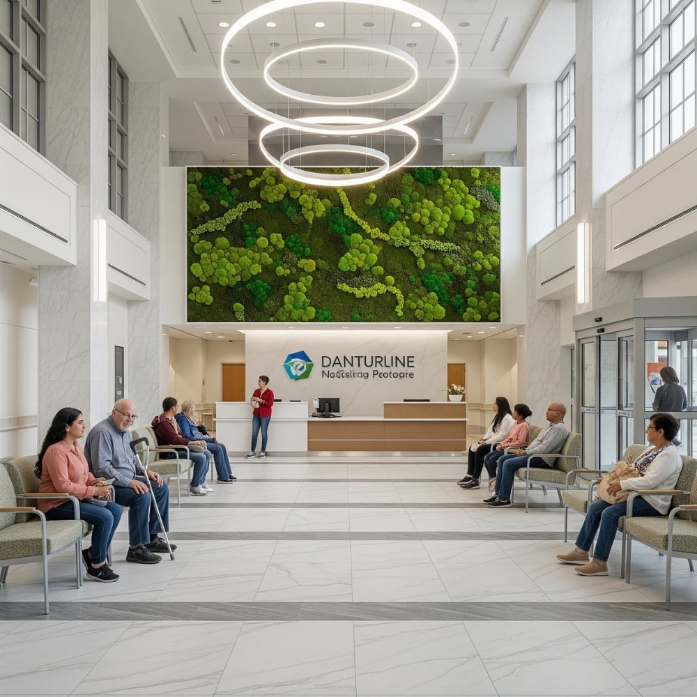 AI generated image of a moss wall in a hospital reception and waiting are