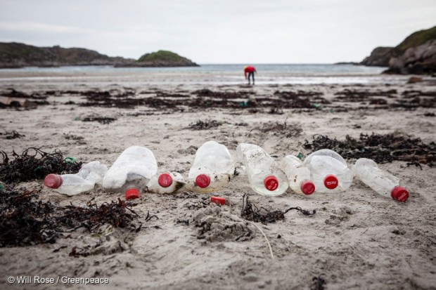 empty water bottles lined up on the beach 