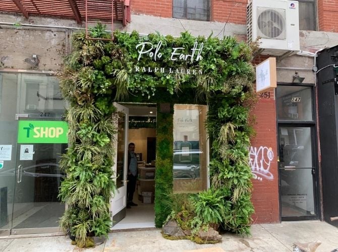 Ralph Lauren pop up store exterior with greenwall and moss wall