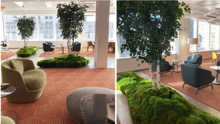 Moss tables and trees in a furnished office