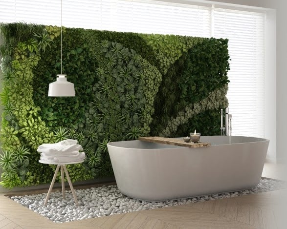 patterned greenwall in a modern bathroom